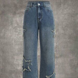 Romwe Grunge Punk Star Pattern Straight Leg Jean - Medium Wash